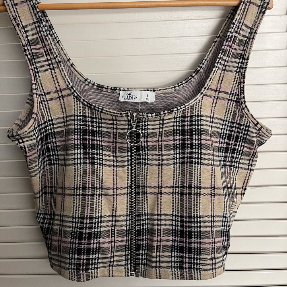 NWT Hollister Zip Front Tan Plaid Tank Top